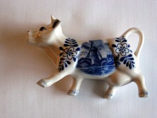 Vintage Cow Creamer With Blue Windmill Design (delft Style)