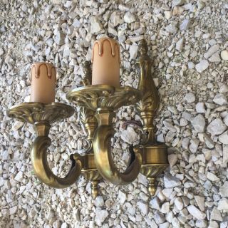 Pair Vintage French Brass Wall Mounted Sconce Light Fixture Bronze Metal Gold
