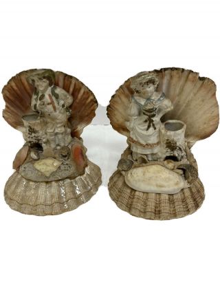 Antique Victorian Pair Sailors Valentine Or Seashell Shell Art Figural