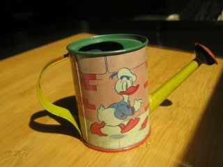 Vintage Walt Disney Toy Watering Can W/donald Duck Lithograph Copyright 1938
