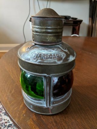 Antique Vintage Starboard Ship Oil Lantern Green & Red Glass
