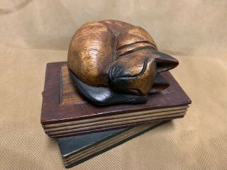 Handcrafted Carved Wood Kitty Cat Sleeping On Books