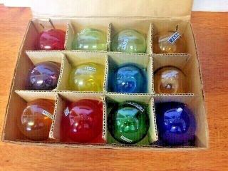 Set 12 Colored Japanese Hand Blown Glass Floats.  In Orig Box