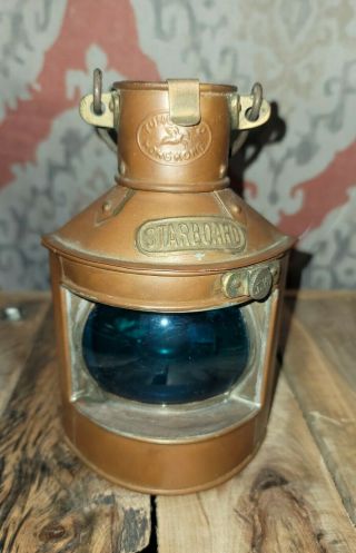 Antique Tung Woo Copper Starboard Nautical Ship Oil Lamp Lantern Blue Glass