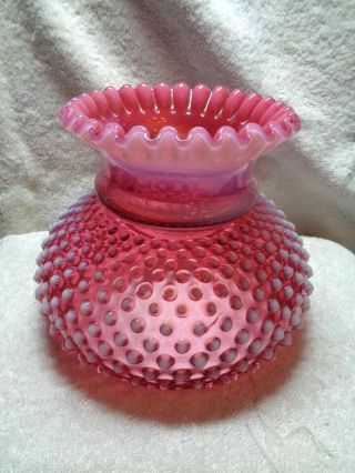 Vintage Fenton Art Glass Cranberry Opalescent Hobnail Ruffle Top Lamp Shade 2