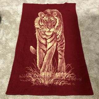 Vtg San Marcos Blanket Tiger Cat Reversible Dark Red And Tan 80 X 50 Throw