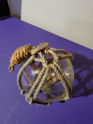 Vintage Japanese Glass Fishing Float Buoy Ball Roped Net Approximate 8 "
