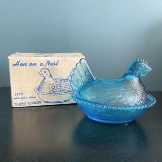 Vtg Indiana Glass Hen On Nest Horizon Blue 7845 Candy Dish Beaded Box