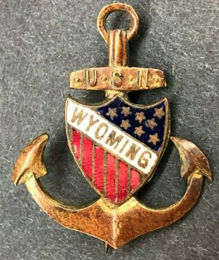 Wwi 1911 Uss Wyoming Launching Pin Us Navy Battleship Anchor Badge Vintage
