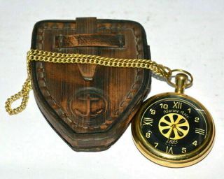 Antique Vintage Style Brass Pocket Watch Marine Anchor With Leather Box