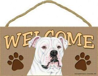 Welcome Sign With American Bulldog With Paw Prints Wood Dog Sign 10 " X5 " B39