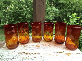 6 Vintage Blenko Amberina Red Yellow Glass Indented Dimple Pinched Tumblers 6 "