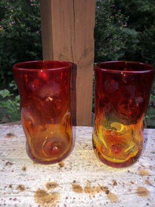 6 Vintage Blenko Amberina Red Yellow Glass Indented Dimple Pinched Tumblers 6 