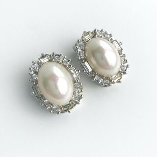 Vintage Christian Dior Faux Pearl Rhinestones Clip On Earrings Silver Tone