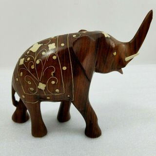 Vintage Elephant Wooden Hand Carved Wood With Inlay Has 1 Broken Tusk And Trunk