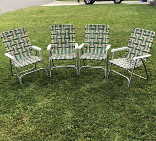 Set Of 4 Vtg Matching Aluminum Lawn Chairs Outdoor Folding Webbed Beach Sunbeam