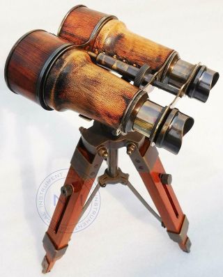 Nautical Antique Marine Binocular With Tripod Wooden Stand Desk Decor