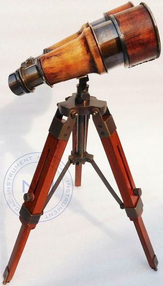 Nautical Antique Marine Binocular With Tripod Wooden Stand Desk Decor 2
