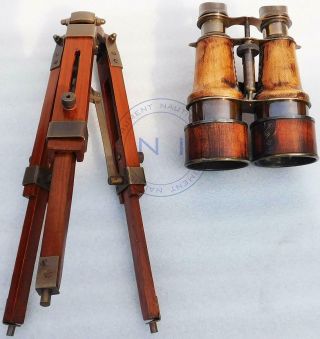 Nautical Antique Marine Binocular With Tripod Wooden Stand Desk Decor 3
