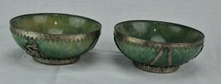 Vintage Chinese Jade Bowls With Metal Ornament 4 1/2 " D (bi Mk/180422)
