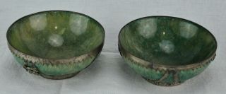 vintage Chinese Jade bowls with metal ornament 4 1/2 