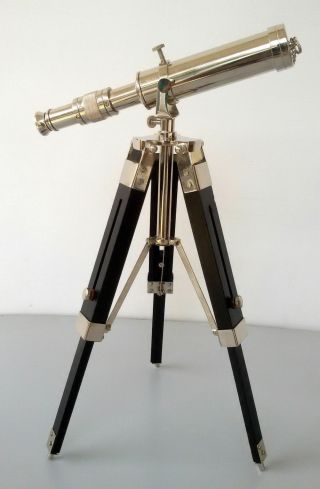 Nickel Solid Brass Telescope With Wooden Tripod Stand Nautical Desk Telescope
