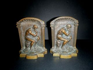Vintage Pair C.  1920 ' s Solid Bronze Art Bookends The Thinker by Rodin Detailed 2