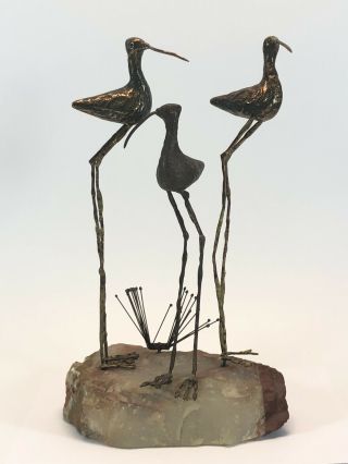 Attr:curtis Jere,  Jeré Brutalist Elongated Bronze Sandpiper Birds On Onyx Rock