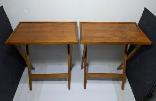 Vintage Mid Century Danish Modern Teak Wood Folding Tv Trays Tables
