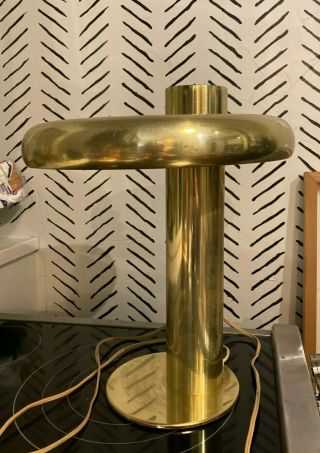 Mid Century Modern Brass Desk / Table Lamp Round Cantilevered Shade Fluorescent