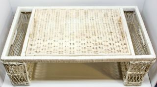 Vtg.  White Wicker/rattan Bed Lap Breakfast Serving Tray With 2 Side Compartment