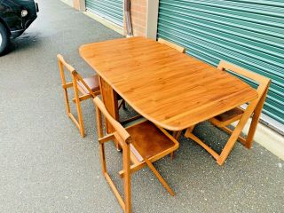 Mid Century Modern Drop Leaf Walnut Dining Table Set/ W Folding Chairs