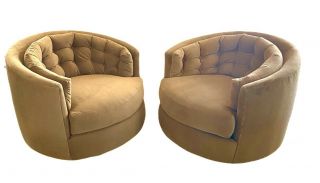 Pair Mid Century Modern Milo Baughman Swivel Barrel Tuxedo Chairs.  Restored