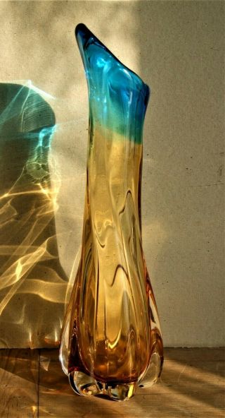 Vintage Mid Century Murano Art Glass Vase Aqua Blue And Amber 15 "