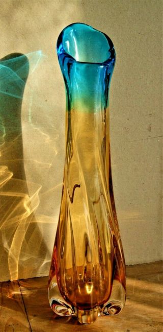 Vintage Mid Century Murano Art Glass Vase Aqua Blue and Amber 15 
