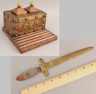 Antique Arts & Crafts Hammered Copper & Brass Double Inkwell Letter & Opener NR 2