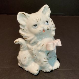 Vintage Japan White Porcelain Kitten Figurine Pink Bow Gold Accents