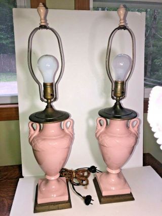 Vintage Pair Mid - Century Modern Art Pottery & Brass Table Lamps Pink Swans Retro