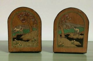 Rare Art Deco Wooden Bookends Alley Workshops Oxford Deer Scenes Cecily Peele