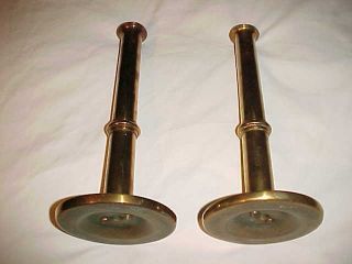Pr American Arts Crafts Era Heavy Brass/bronze Candlesticks Cannon Barrel Design
