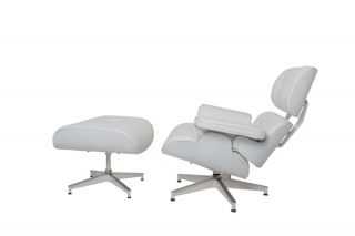White Leather - White Wood Eames Style Lounge Chair & Ottoman Set