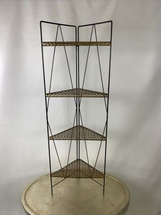 Mid Century Wrought Iron Mesh Gold Black Corner Folding Shelf Unique 44” Tall