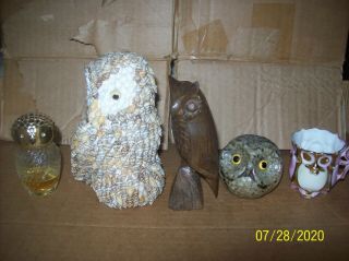 Owl Figurines (5) - Wood,  Shell,  Stone,  Porcelain,  Glass (1 Each)