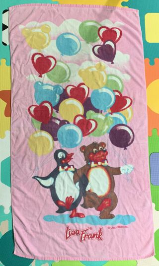 Vintage Lisa Frank Bear & Penguins W/ Balloons Beach Towel - Colorful Pink 90s