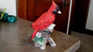 Vintage Mid Century Enesco Red Cardinal Bird On Stump Figurine 6 1/2 " Tall