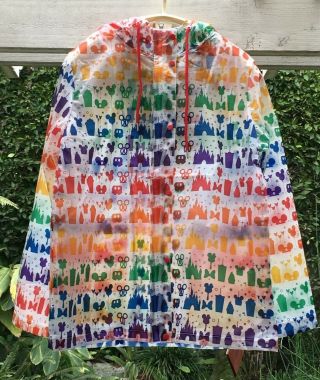 2020 Disney Parks Hooded Rainbow Rain Coat/jacket Mickey Icons Womens L,  Xl,  Xxl