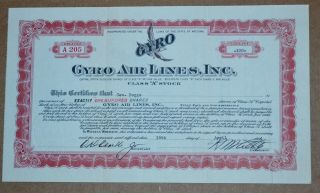 Gyro Air Lines,  Inc.  Vintage 1934 Aviation Stock Certificate