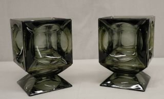 2 Vintage Mid Century Modern Mcm Smoke Colored Glass Ashtray Sculpture Vase