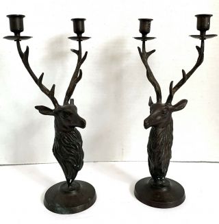 Old Vintage Pair Brass Elk/deer/stag Double Antler Candle Holders - 13 1/2 " H