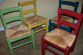 Set Of 4 Vtg Kids Solid Hard Wood & Straw Ladderback Chairs Blue Red Green Blue